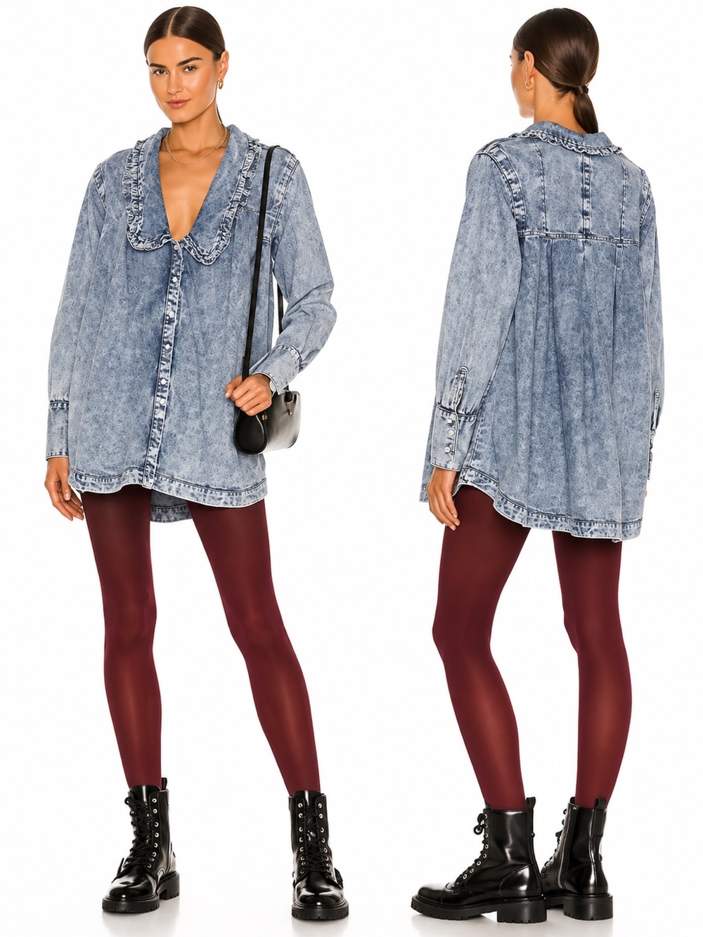 Free People Charlie Ruffle Collar Denim Swing Blouse Size Medium